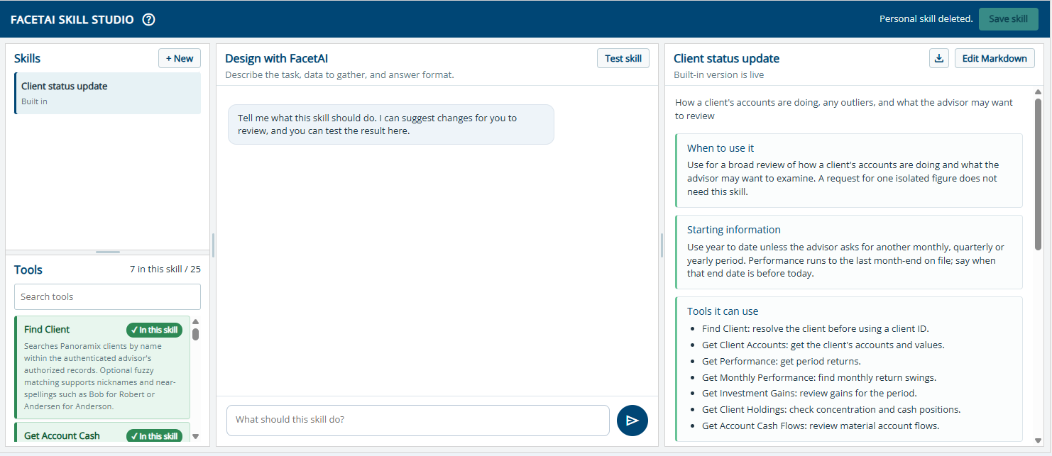Skill Studio workspace showing a built-in client status update skill and design tools.