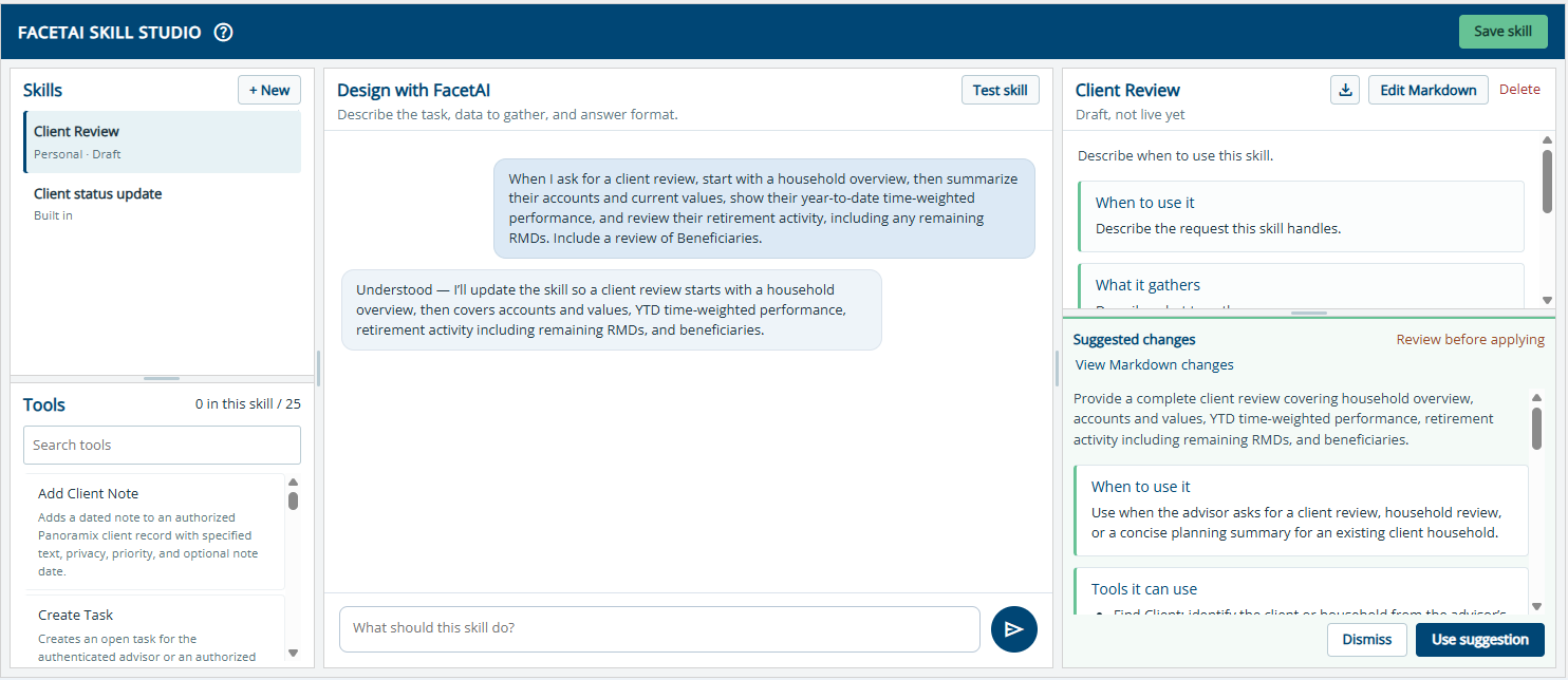 Skill Studio screen with a client review prompt and suggested changes.