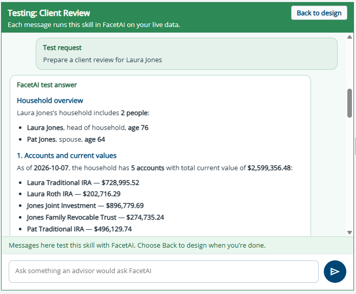 Skill Studio test showing an example client review response using test data.