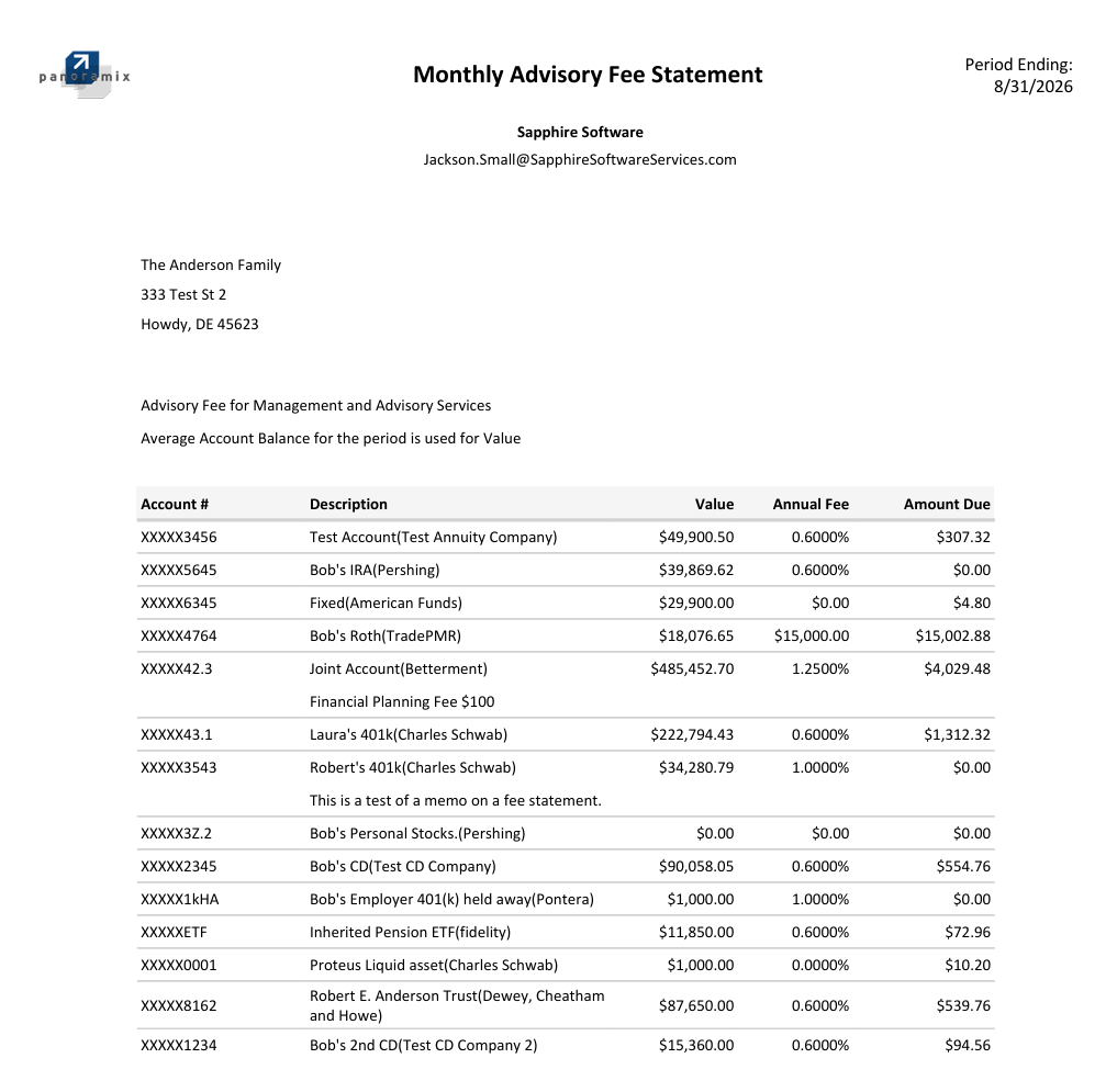 Fee Statement report or screen in Panoramix Billing