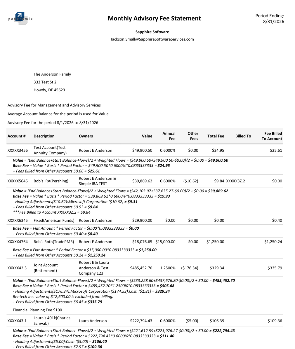 Detailed Fee Statement report or screen in Panoramix Billing